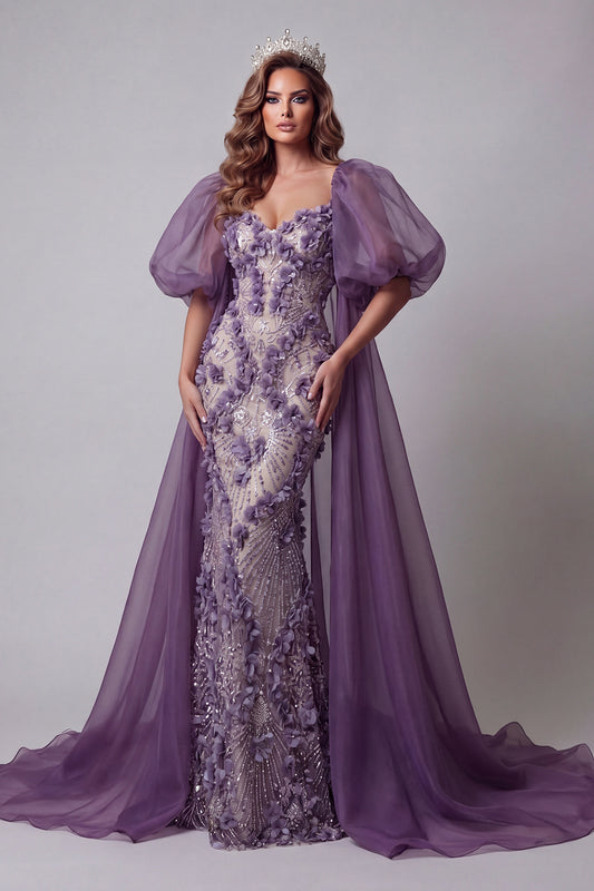 Sparkly Purple Mermaid Long Floral Puff Sleeves Beaded Pageant Dress with Cape