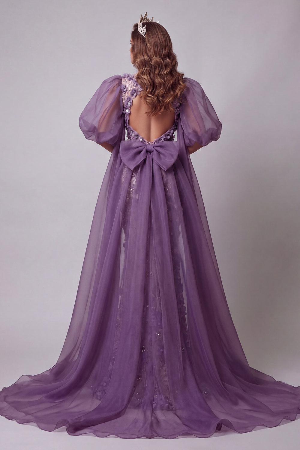 Sparkly Purple Mermaid Long Floral Puff Sleeves Beaded Pageant Dress with Cape