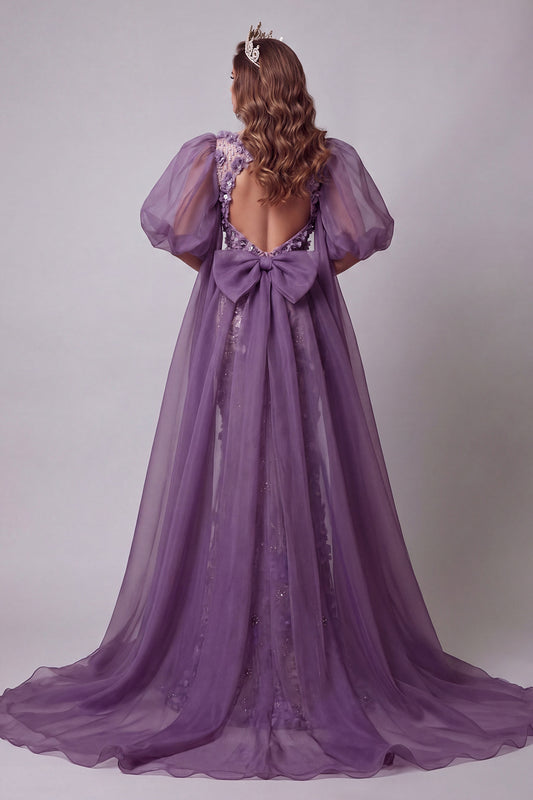 Sparkly Purple Mermaid Long Floral Puff Sleeves Beaded Pageant Dress with Cape