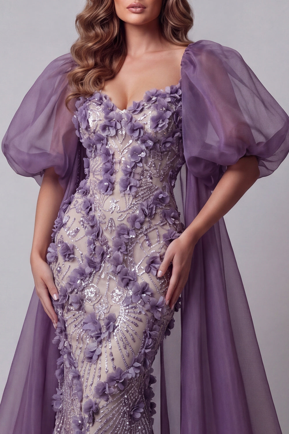 Sparkly Purple Mermaid Long Floral Puff Sleeves Beaded Pageant Dress with Cape