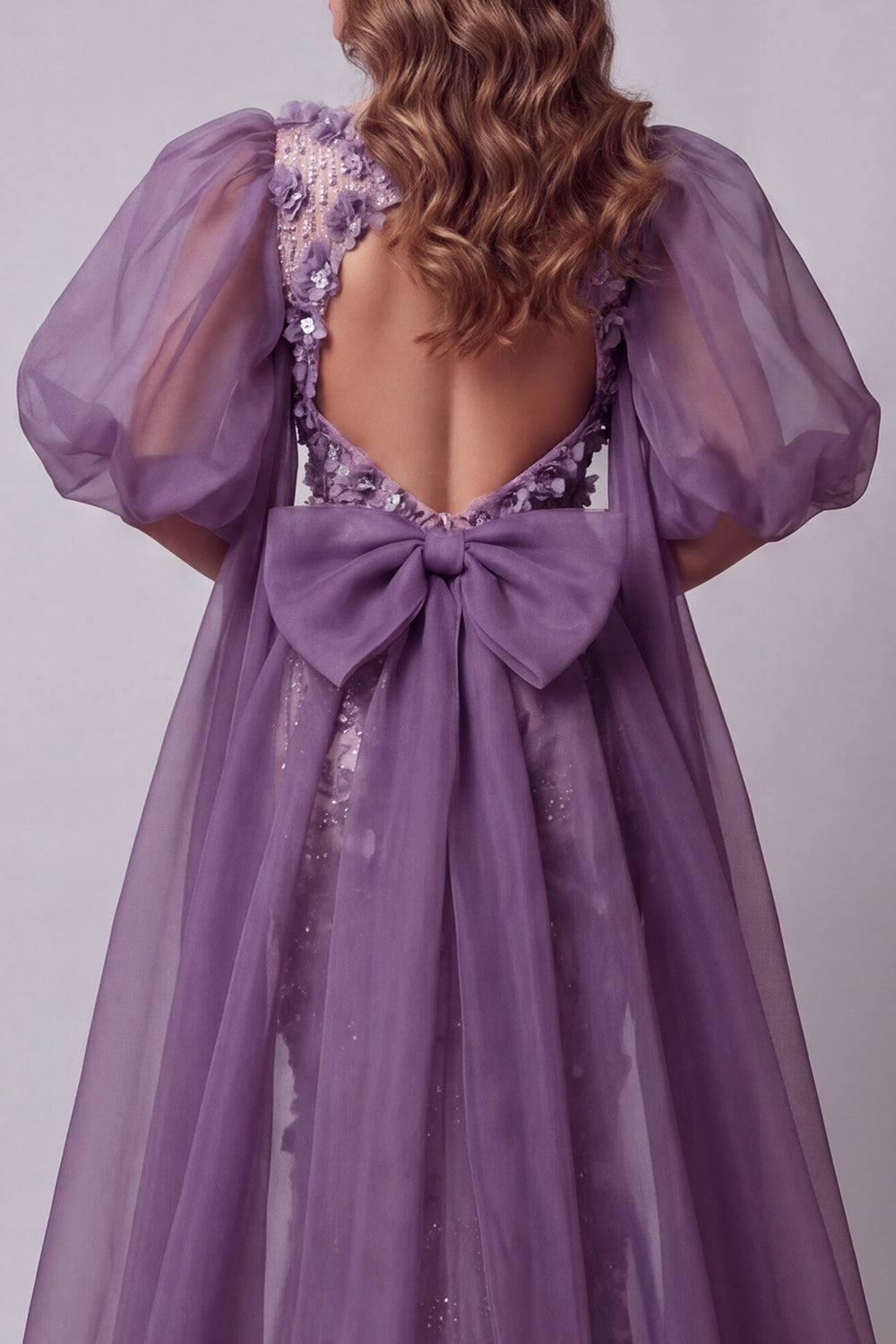 Sparkly Purple Mermaid Long Floral Puff Sleeves Beaded Pageant Dress with Cape