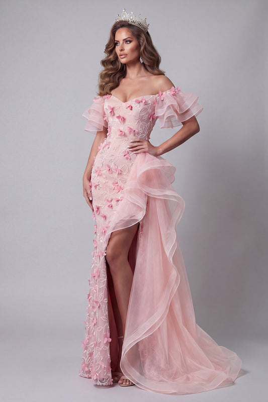 Pink Mermaid Ruffled Long Off the Shoulder Floral Pageant Dress with Slit