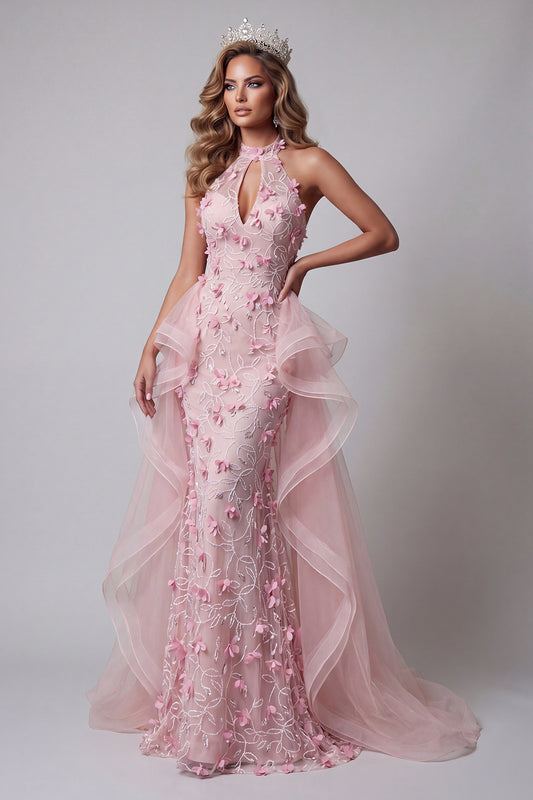 Floral Pink Mermaid Ruffled Long Halter Keyhole Pageant Dress with Cape