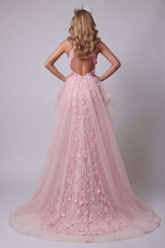 Floral Pink Mermaid Ruffled Long Halter Keyhole Pageant Dress with Cape