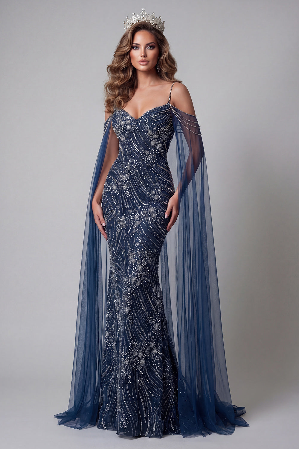 Cold Shoulder Sparkly Navy Mermaid Long Beaded Pageant Dress with Cape