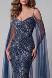 Cold Shoulder Sparkly Navy Mermaid Long Beaded Pageant Dress with Cape