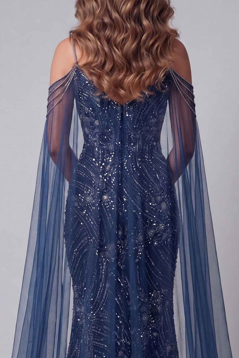 Cold Shoulder Sparkly Navy Mermaid Long Beaded Pageant Dress with Cape