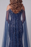 Cold Shoulder Sparkly Navy Mermaid Long Beaded Pageant Dress with Cape