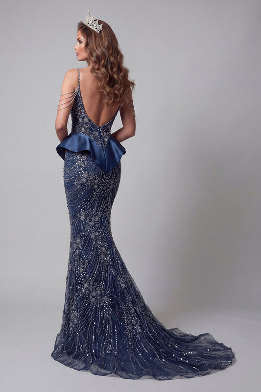Sparkly Navy Cold Shoulder Mermaid Long Beaded Pageant Dress with Ruffles