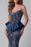Sparkly Navy Cold Shoulder Mermaid Long Beaded Pageant Dress with Ruffles