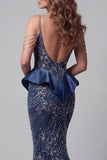 Sparkly Navy Cold Shoulder Mermaid Long Beaded Pageant Dress with Ruffles