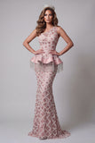 Sparkly Blush One Shoulder Mermaid Long Beaded Pageant Dress with Fringes