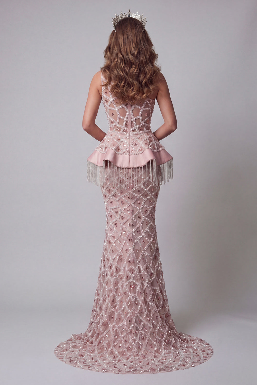 Sparkly Blush One Shoulder Mermaid Long Beaded Pageant Dress with Fringes