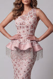Sparkly Blush One Shoulder Mermaid Long Beaded Pageant Dress with Fringes