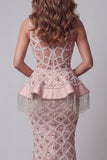 Sparkly Blush One Shoulder Mermaid Long Beaded Pageant Dress with Fringes