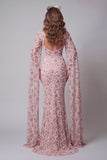 High Neck Sparkly Blush Mermaid Open Back Long Beaded Pageant Dress with Cape
