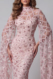 High Neck Sparkly Blush Mermaid Open Back Long Beaded Pageant Dress with Cape