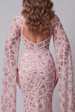 High Neck Sparkly Blush Mermaid Open Back Long Beaded Pageant Dress with Cape