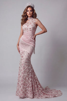 Long Beaded Sparkly Blush High Neck Ruched Mermaid Pageant Dress with Fringes