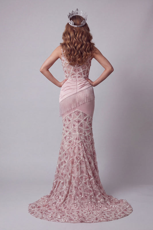 Long Beaded Sparkly Blush High Neck Ruched Mermaid Pageant Dress with Fringes