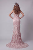Long Beaded Sparkly Blush High Neck Ruched Mermaid Pageant Dress with Fringes
