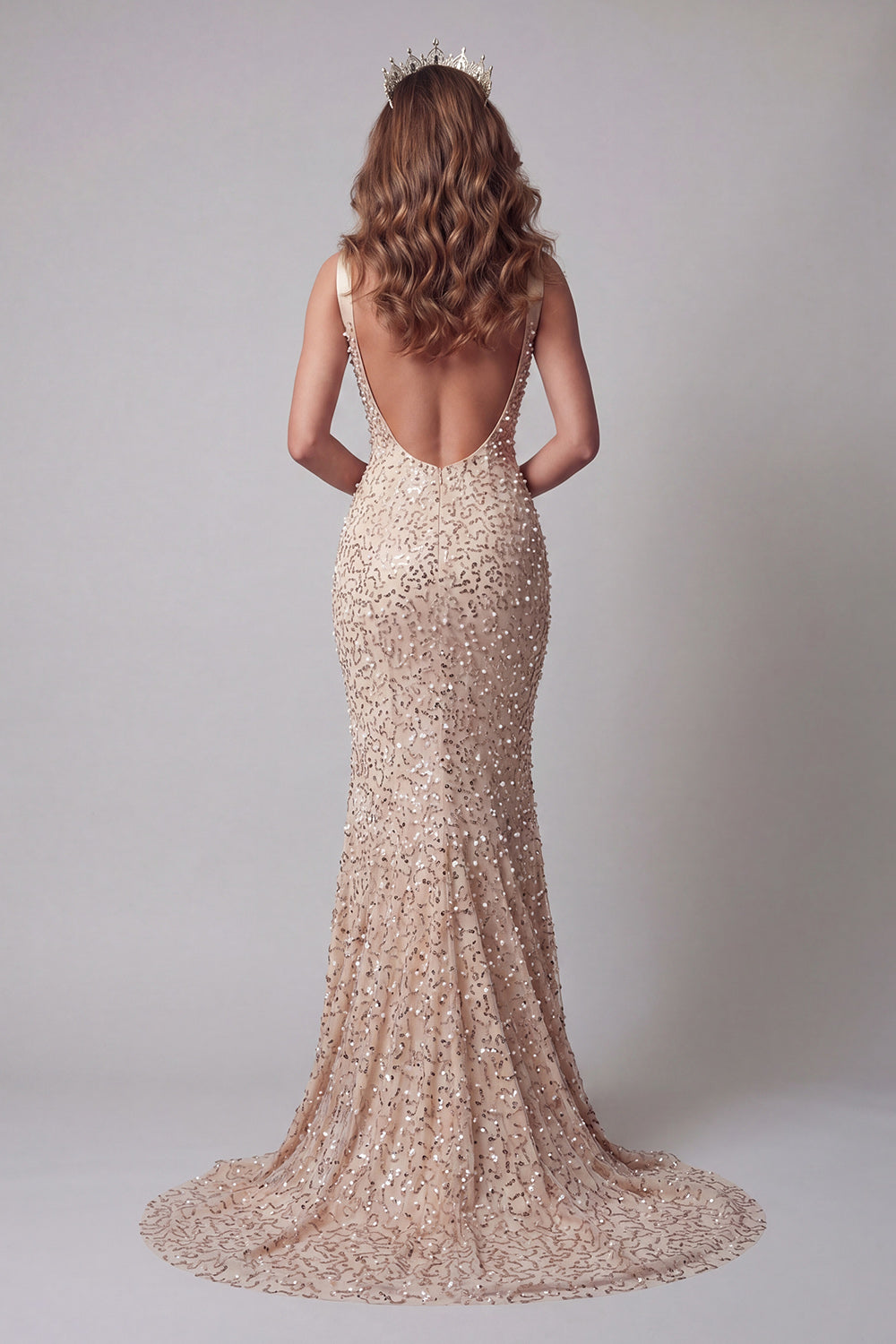Sparkly Champagne Mermaid Long V-Neck Beaded Pageant Dress with Pearls
