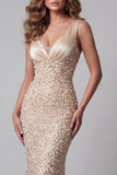 Sparkly Champagne Mermaid Long V-Neck Beaded Pageant Dress with Pearls