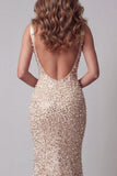 Sparkly Champagne Mermaid Long V-Neck Beaded Pageant Dress with Pearls