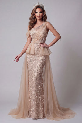 Long Sparkly Champagne Mermaid One Shoulder Beaded Pageant Dress with Pearls