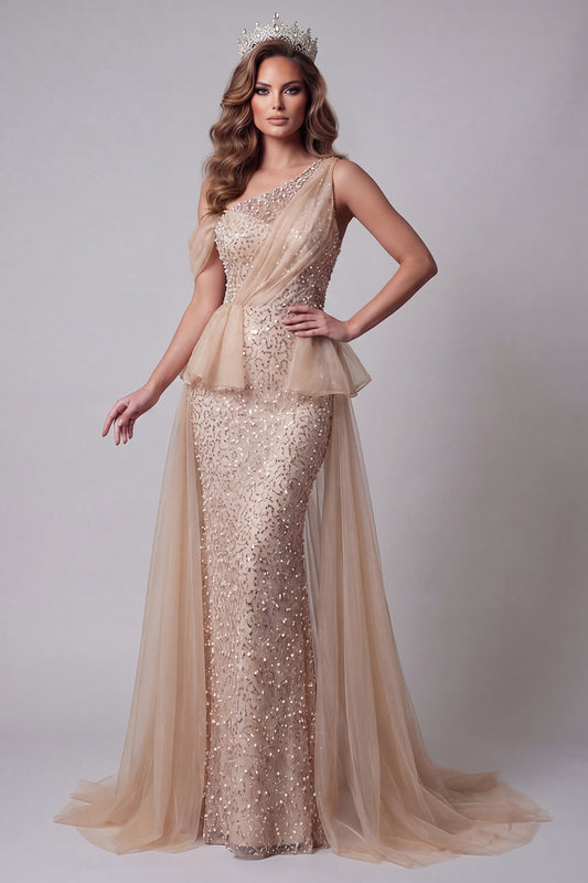Long Sparkly Champagne Mermaid One Shoulder Beaded Pageant Dress with Pearls