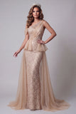 Long Sparkly Champagne Mermaid One Shoulder Beaded Pageant Dress with Pearls