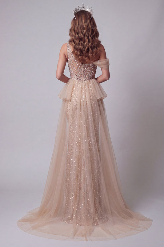 Long Sparkly Champagne Mermaid One Shoulder Beaded Pageant Dress with Pearls