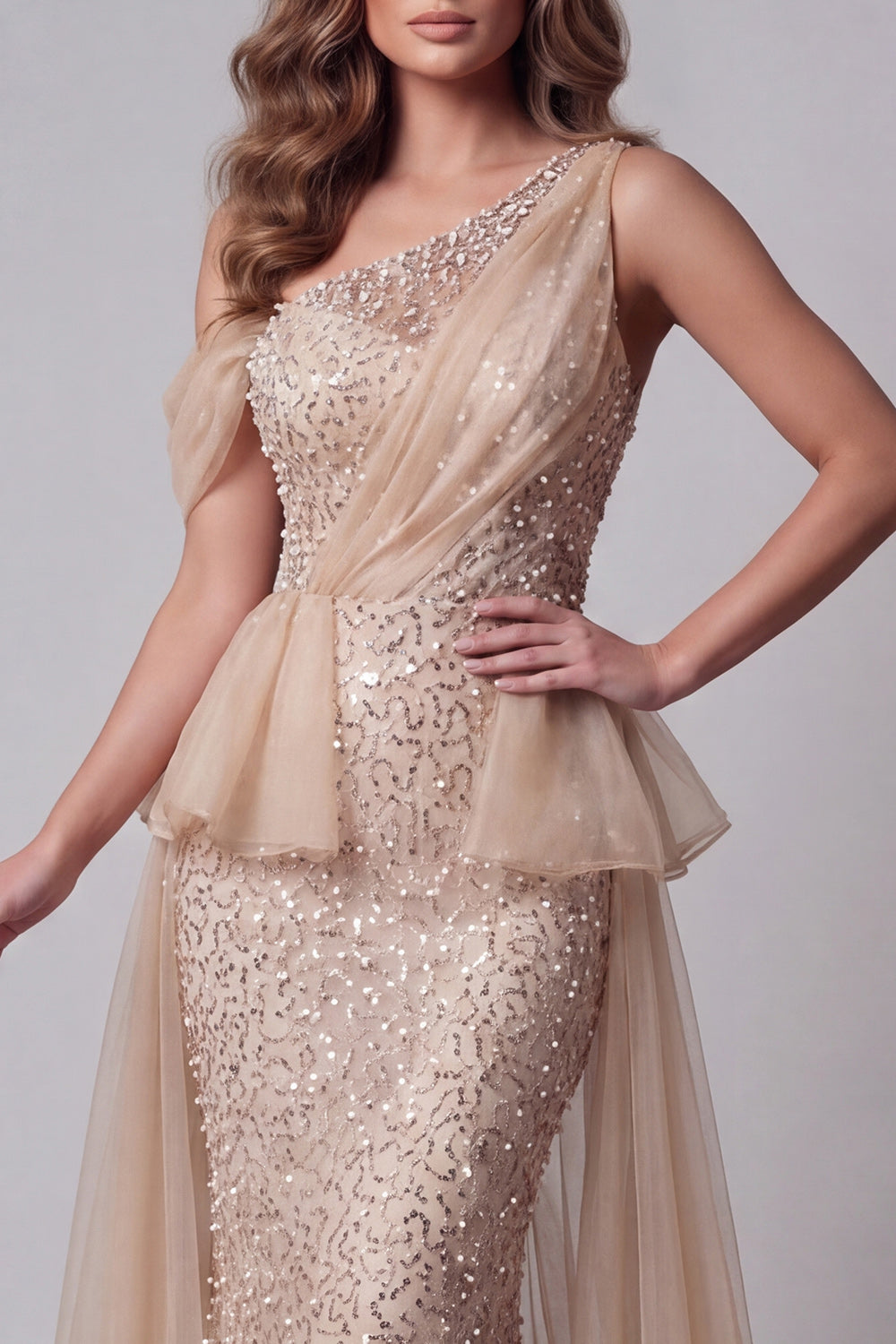 Long Sparkly Champagne Mermaid One Shoulder Beaded Pageant Dress with Pearls