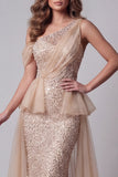 Long Sparkly Champagne Mermaid One Shoulder Beaded Pageant Dress with Pearls