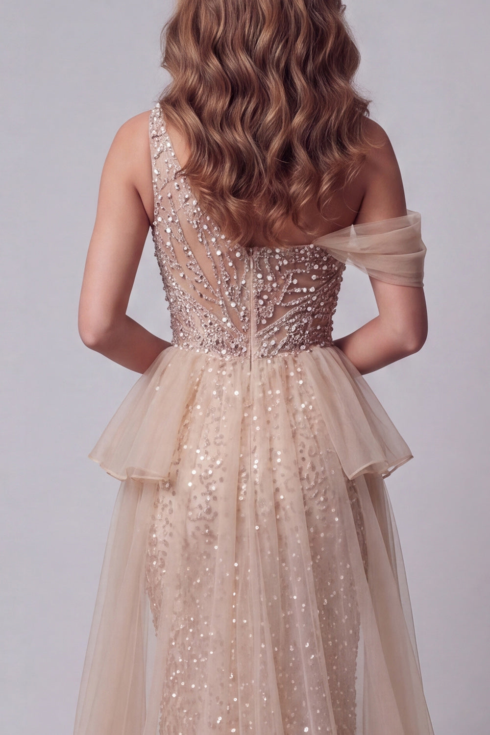 Long Sparkly Champagne Mermaid One Shoulder Beaded Pageant Dress with Pearls