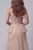Long Sparkly Champagne Mermaid One Shoulder Beaded Pageant Dress with Pearls