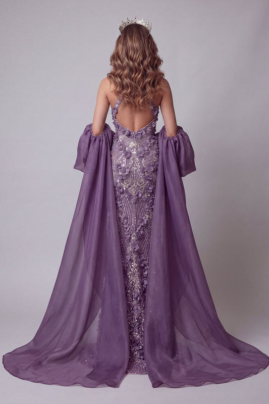Halter Sparkly Purple Mermaid Long Floral Beaded Pageant Dress with Cape