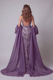 Halter Sparkly Purple Mermaid Long Floral Beaded Pageant Dress with Cape