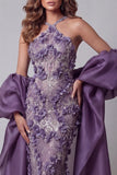 Halter Sparkly Purple Mermaid Long Floral Beaded Pageant Dress with Cape