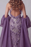 Halter Sparkly Purple Mermaid Long Floral Beaded Pageant Dress with Cape