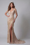 Sparkly Champagne Long Beaded Pageant Dress with Fringes Mermaid V-Neck Gala Dress with Slit