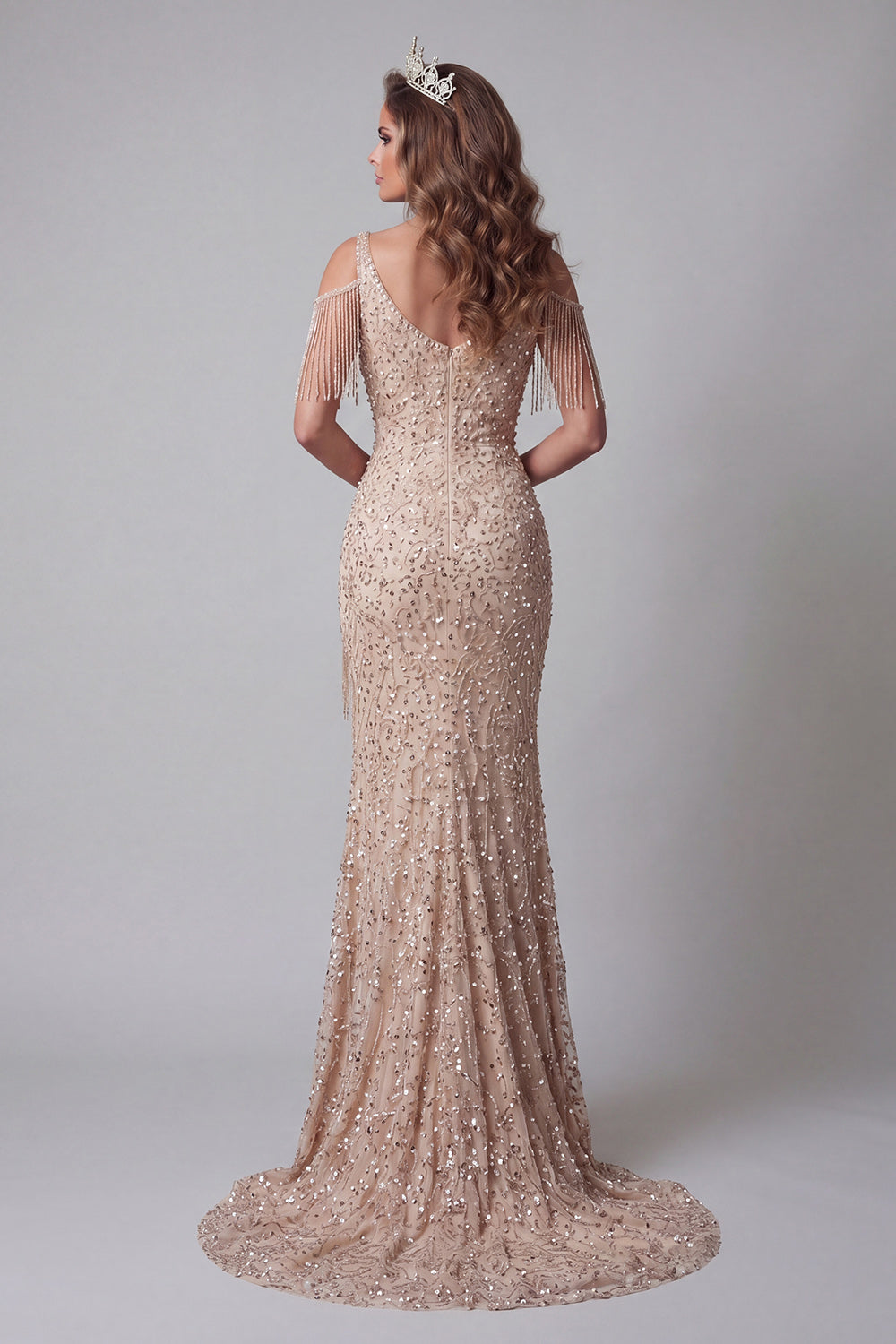 Sparkly Champagne Mermaid Long Cold Shoulder Beaded Pageant Dress with Fringes