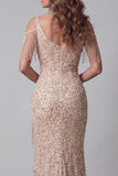 Sparkly Champagne Mermaid Long Cold Shoulder Beaded Pageant Dress with Fringes