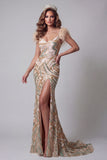 V-Neck Sparkly Champagne Mermaid Beaded Feathered Long Pageant Dress with Slit