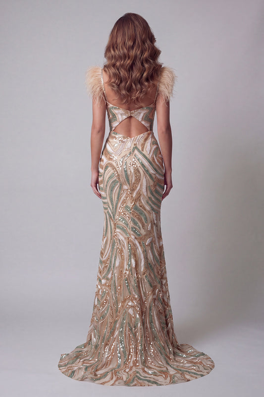 V-Neck Sparkly Champagne Mermaid Beaded Feathered Long Pageant Dress with Slit