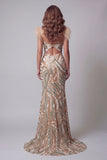 V-Neck Sparkly Champagne Mermaid Beaded Feathered Long Pageant Dress with Slit