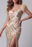 V-Neck Sparkly Champagne Mermaid Beaded Feathered Long Pageant Dress with Slit