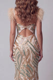 V-Neck Sparkly Champagne Mermaid Beaded Feathered Long Pageant Dress with Slit