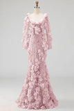Long Sleeves Sparkly Blush Mermaid Long Beaded Floral Pageant Dress