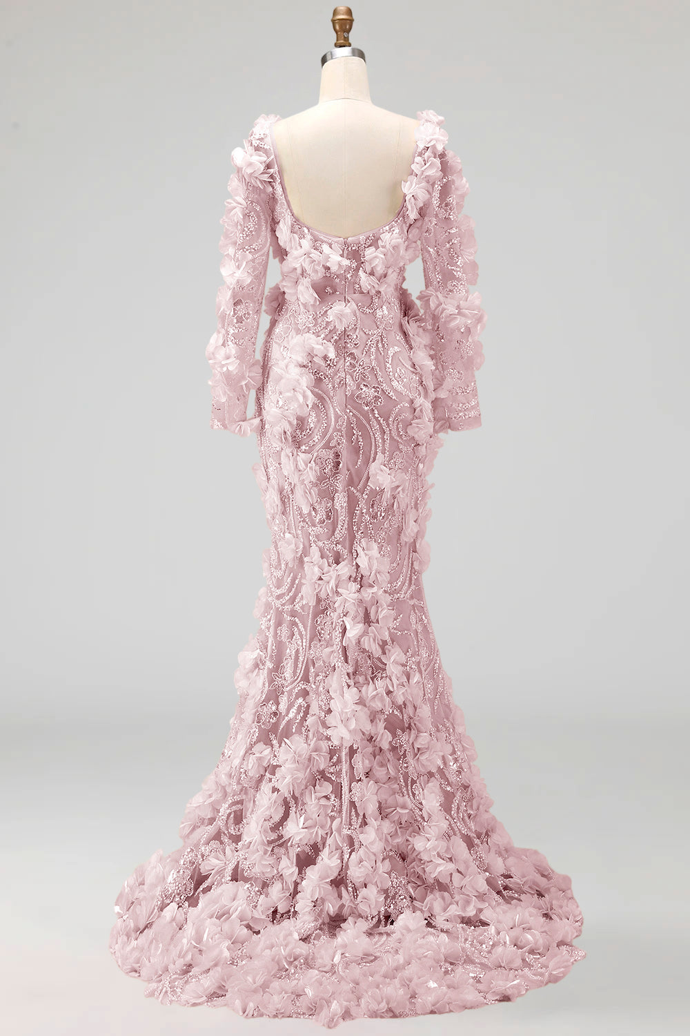 Long Sleeves Sparkly Blush Mermaid Long Beaded Floral Pageant Dress